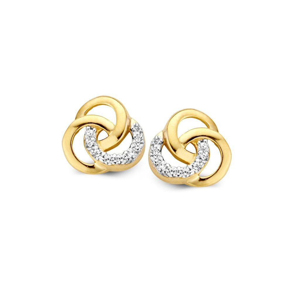 Gelbgoldene Ohrstecker mit Zirkonia, geschwungene Form und glänzender Oberfläche