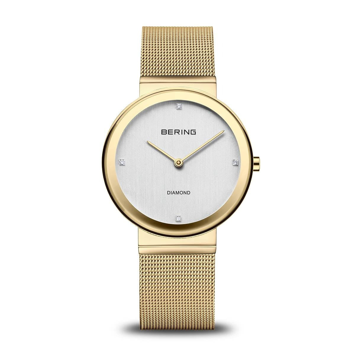 Damenarmbanduhr mit goldenem Gehäuse, silbernem Zifferblatt und goldenem Mesh-Armband