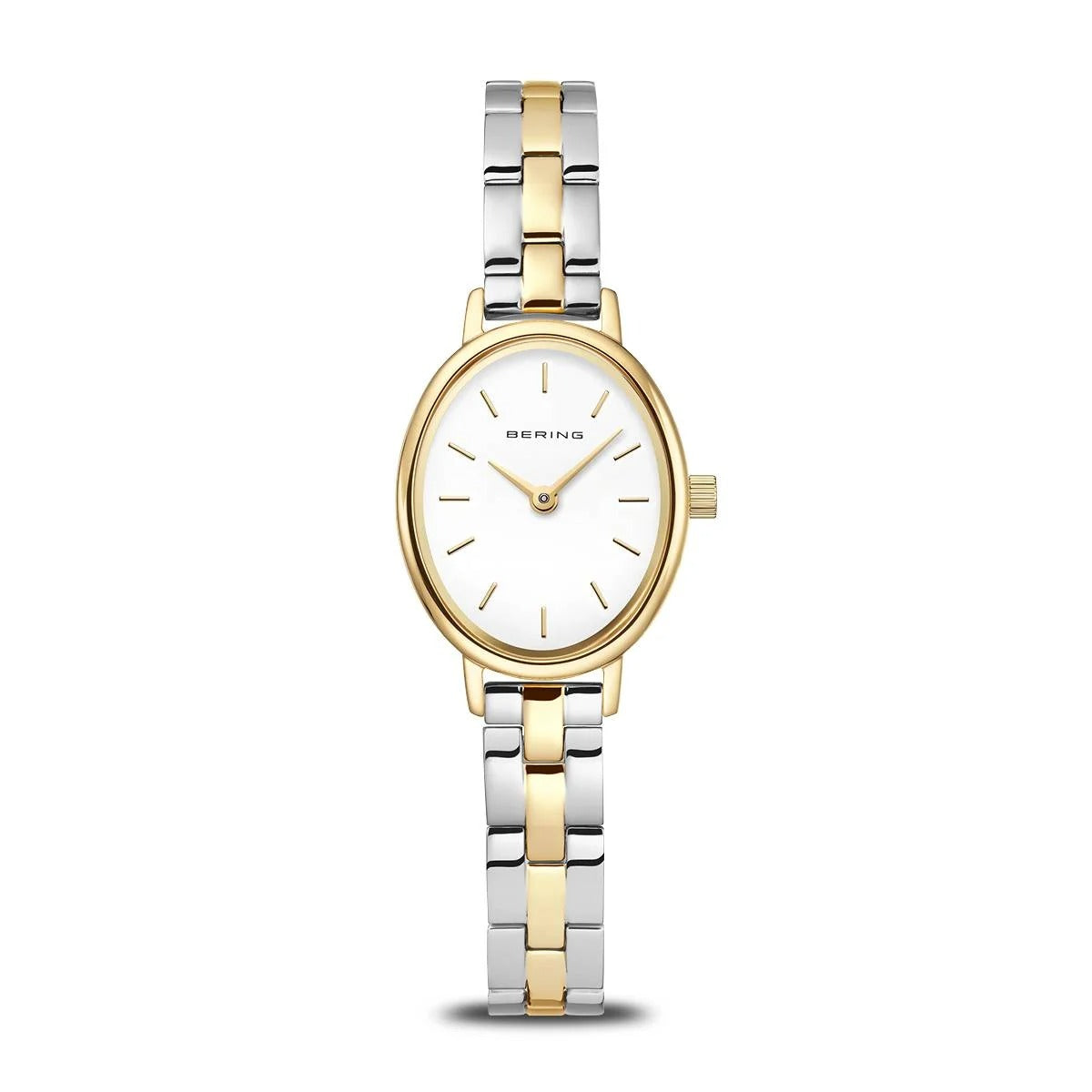 Uhr mit ovalem Gehäuse, silbernem und goldenem Armband, weißem Zifferblatt und goldenen Zeigern
