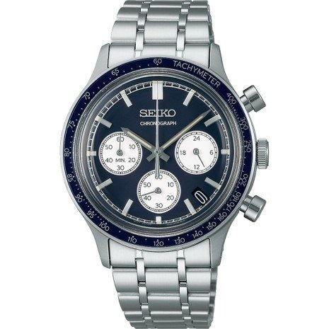Chronograph mit blauem Zifferblatt, silbernem Gehäuse und Edelstahl-Armband