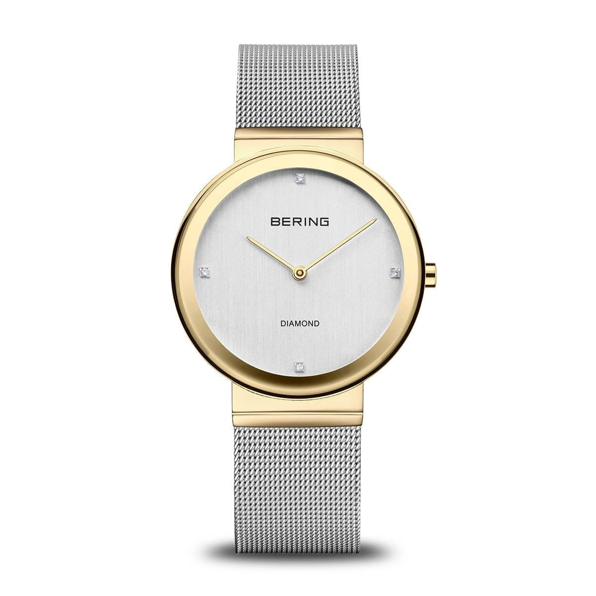 Damenarmbanduhr mit silbernem Mesh-Armband und goldenem Gehäuse sowie silbernem Zifferblatt