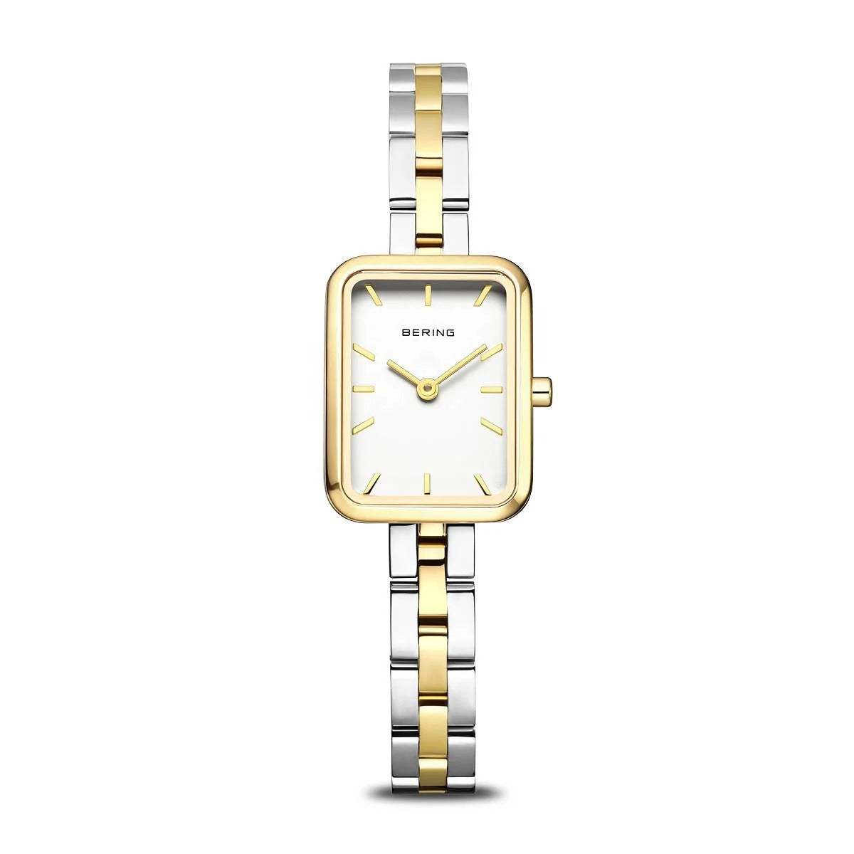 Damenarmbanduhr mit rechteckigem Gehäuse, weißem Zifferblatt und goldfarbenem sowie silberfarbenem Armband