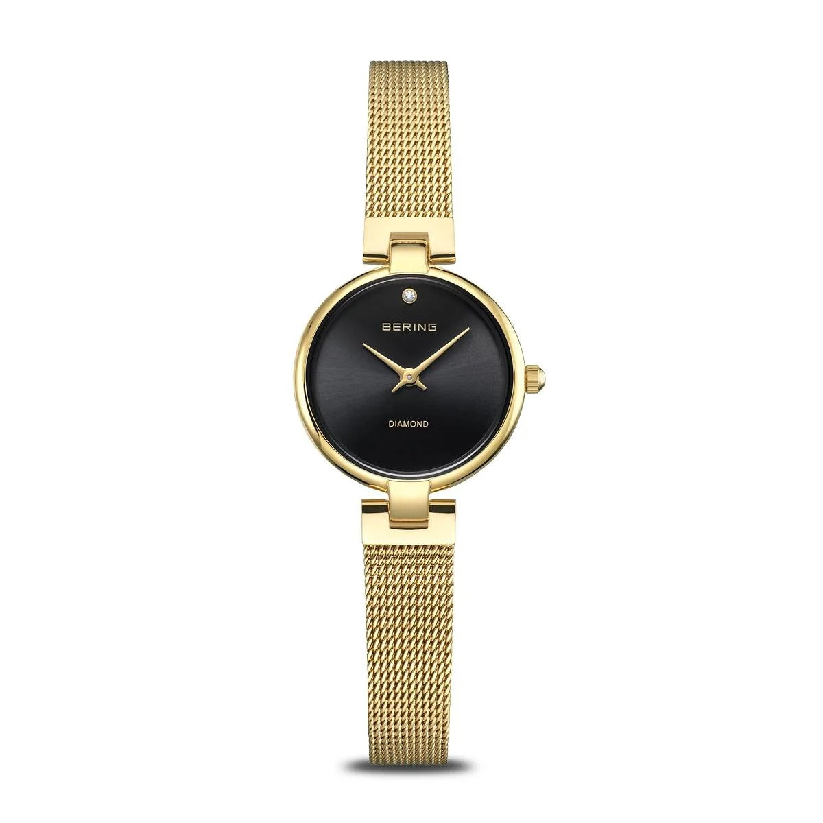 Dameuhr mit schwarzem Zifferblatt und goldfarbenem Mesh-Armband