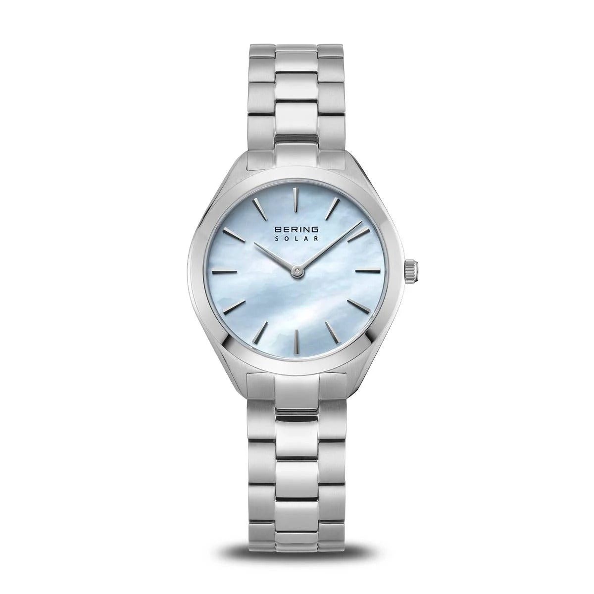 Damen Solar-Uhr mit silbernem Gehäuse und blauem Zifferblatt, Armband aus Edelstahl