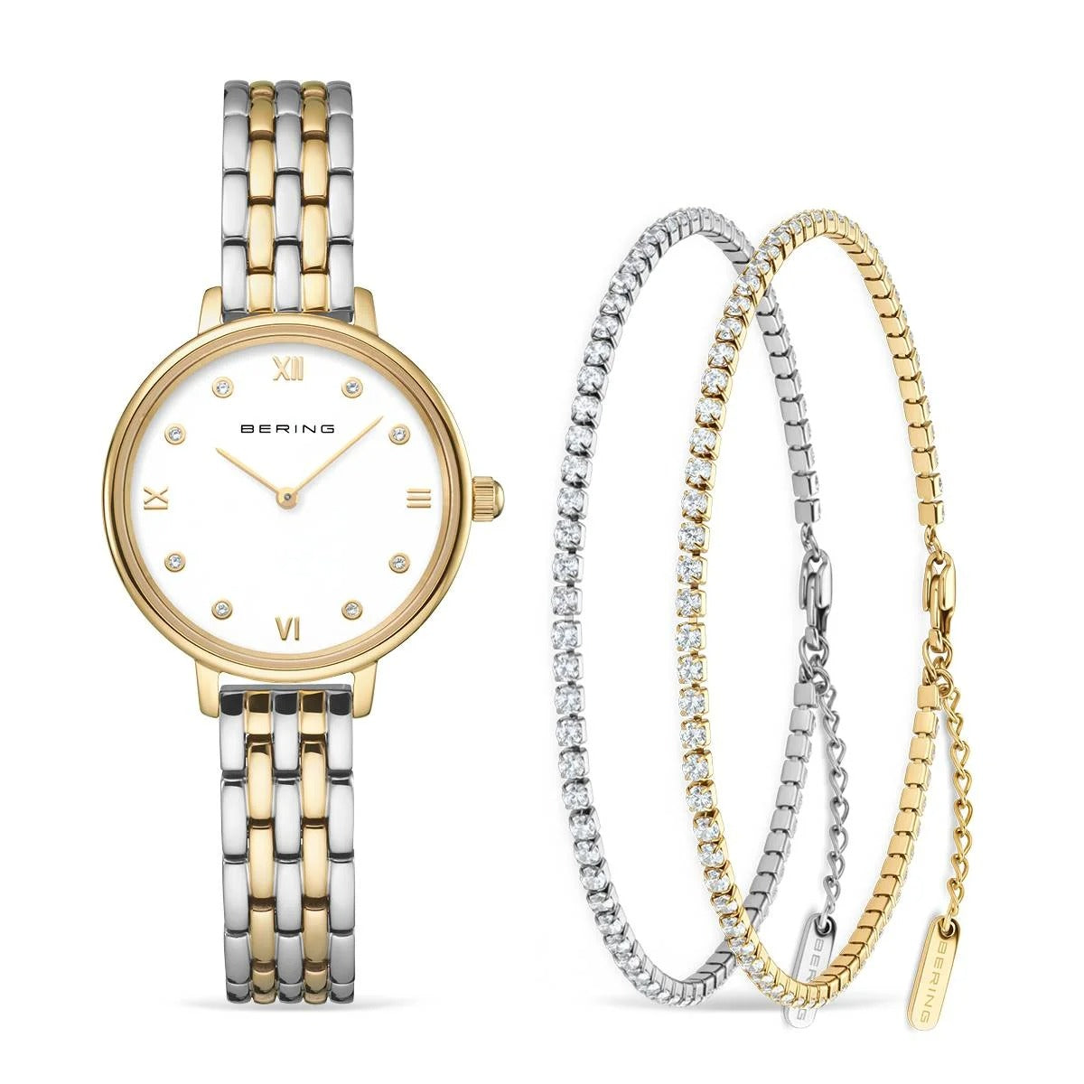 Damenarmbanduhr mit weißem Zifferblatt, goldfarbenem Gehäuse und zweifarbigem Armband aus Edelstahl