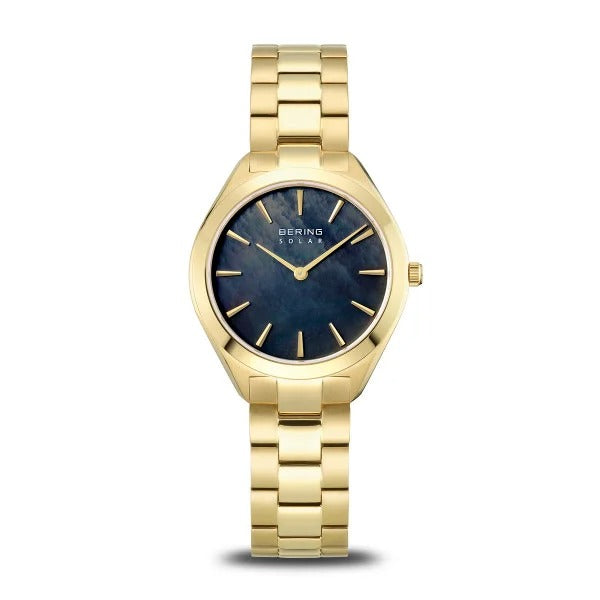 Damen Solar-Uhr mit blauem Perlmutt-Zifferblatt und goldenem Gehäuse sowie goldenem Armband
