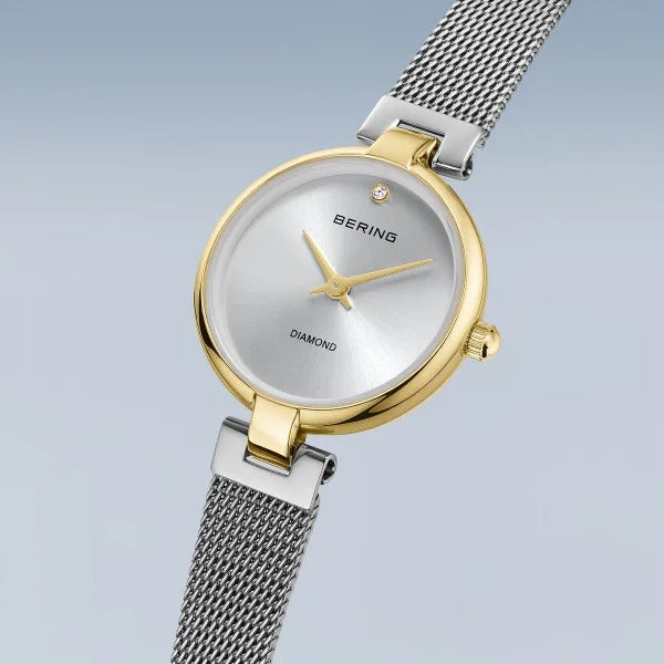 Bering Damenuhr – Classic, goldfarben mit silbernem Milanaise-Armband