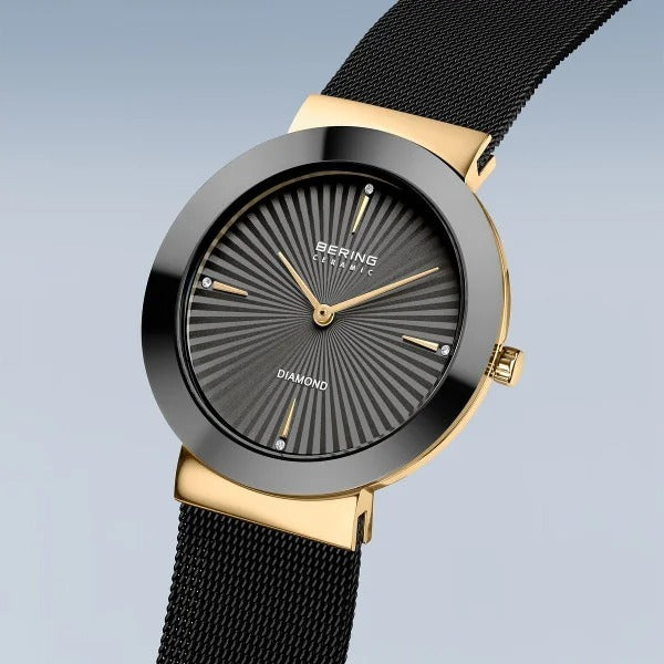 Bering Damenuhr – Keramik, goldfarben mit Diamantdetails