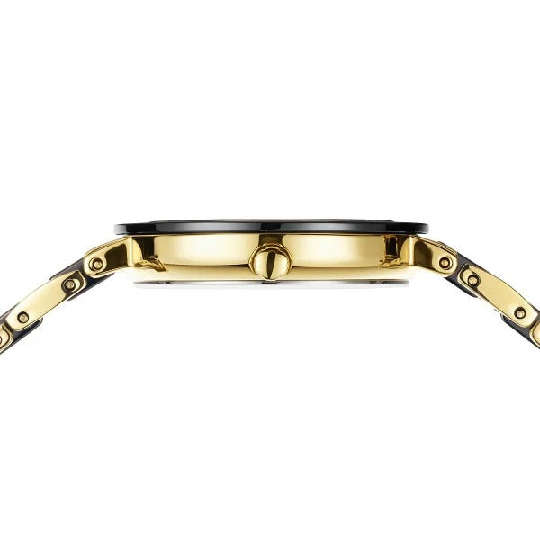 Zijaanzicht van de Bering dames horloge zwarte wijzerplaat - 11429-732, met een gouden slanke kast, zwarte lunette en geschakelde metalen band op een witte achtergrond. De kroon is zichtbaar in het midden. Merk: Bering.
