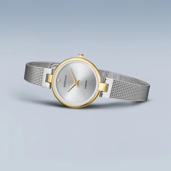 Bering Damenuhr – Classic, goldfarben mit silbernem Milanaise-Armband