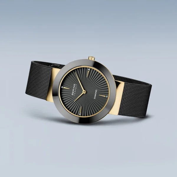 Bering Damenuhr – Keramik, goldfarben mit Diamantdetails