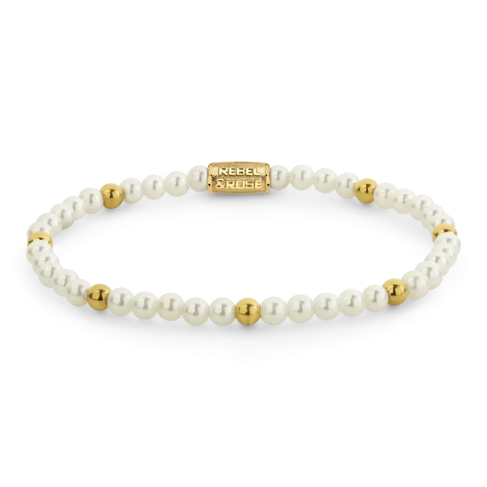 Armband mit weißen Perlen und goldenen Akzenten aus Gelbgold