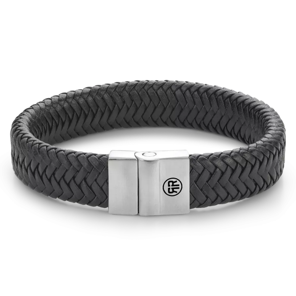 Schwarzes geflochtenes Armband aus Metall mit mattierter Oberfläche und silberner Schließe