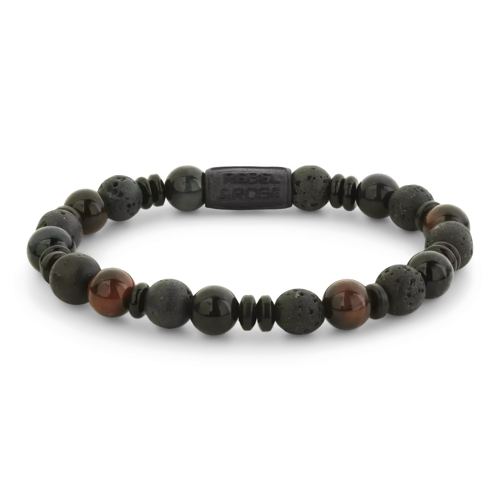 Armband mit schwarzen und grauen Steinen, 8 mm, mit mattem Finish und elastischem Band