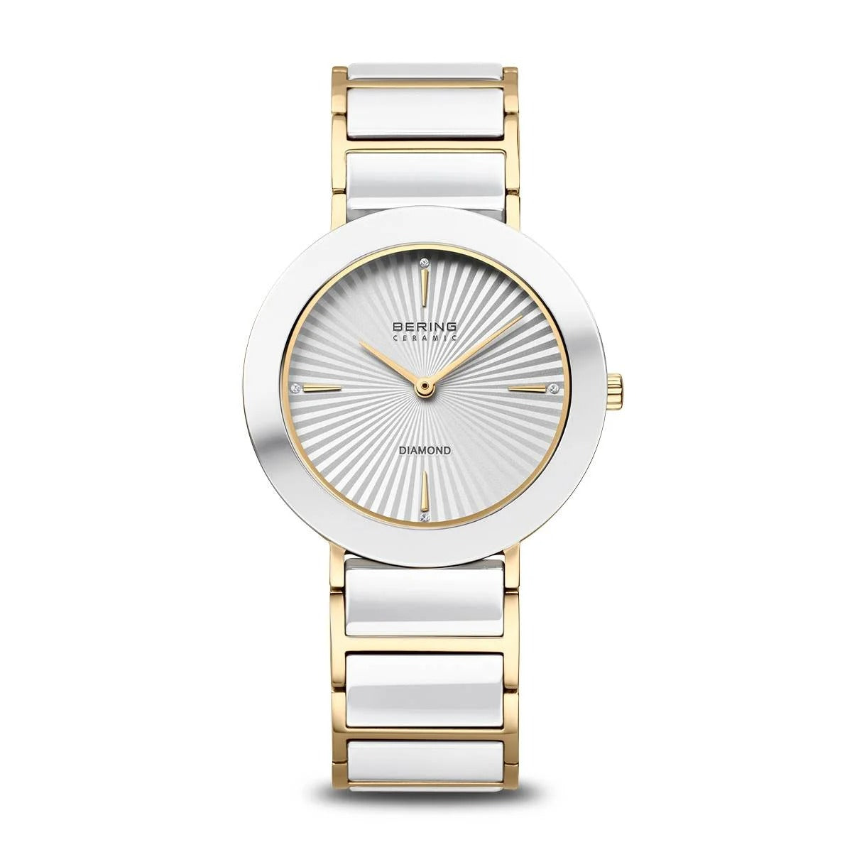Uhr mit silbernem Zifferblatt, goldfarbener Lünette und weißem Keramik-Armband