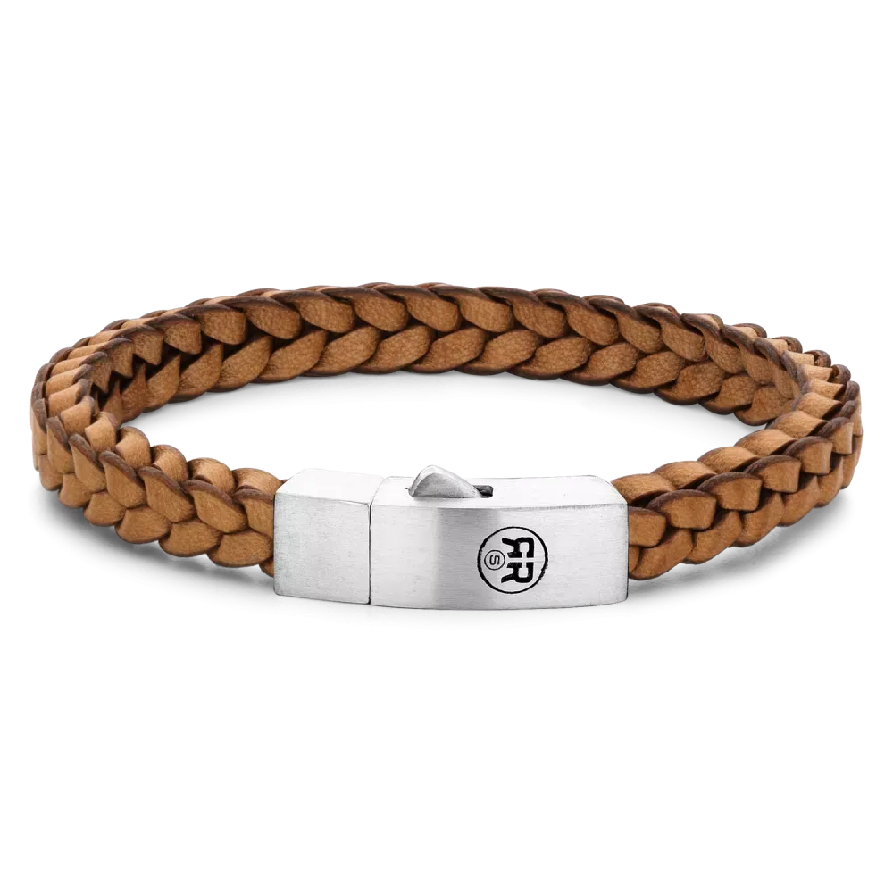 Geflochtenes Armband aus 925er Silber mit cognacfarbenem Leder und schlichter Silberverschluss