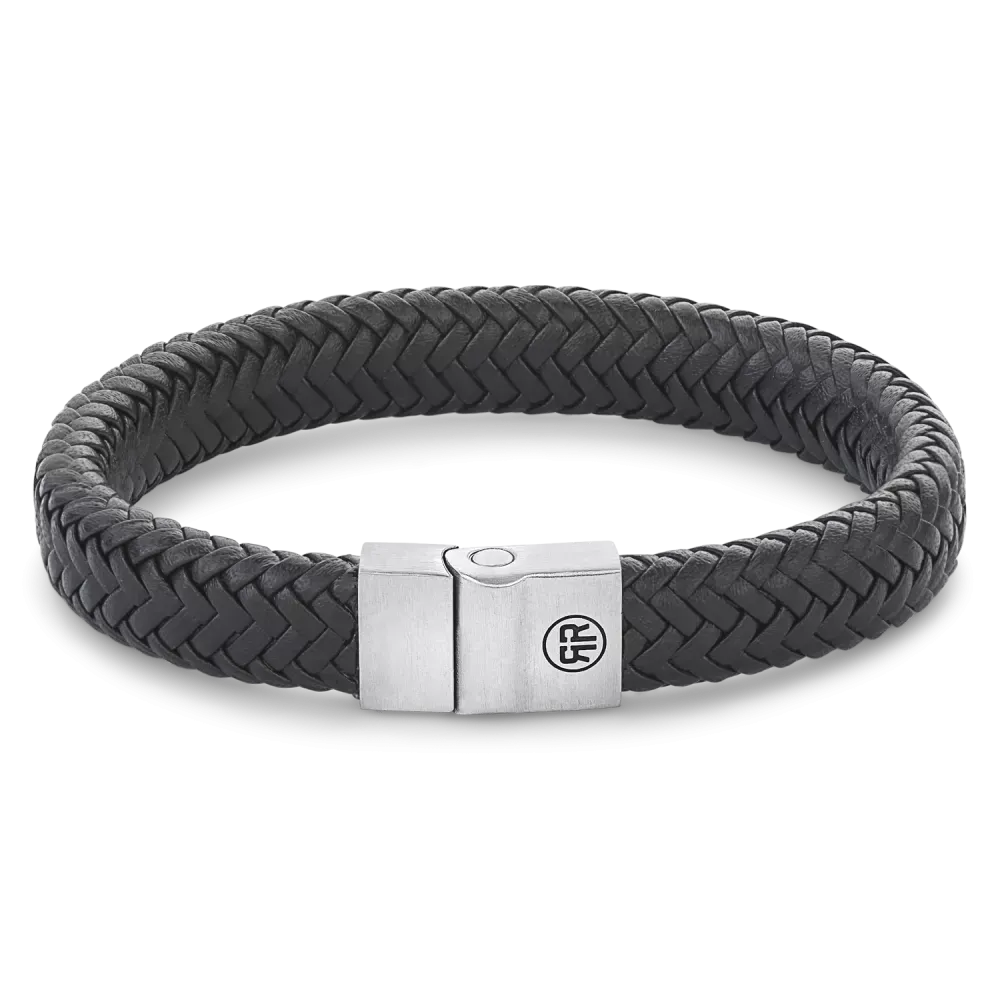 Schwarzes mattes Armband aus geflochtenem Material mit silberner Verschlussmechanik