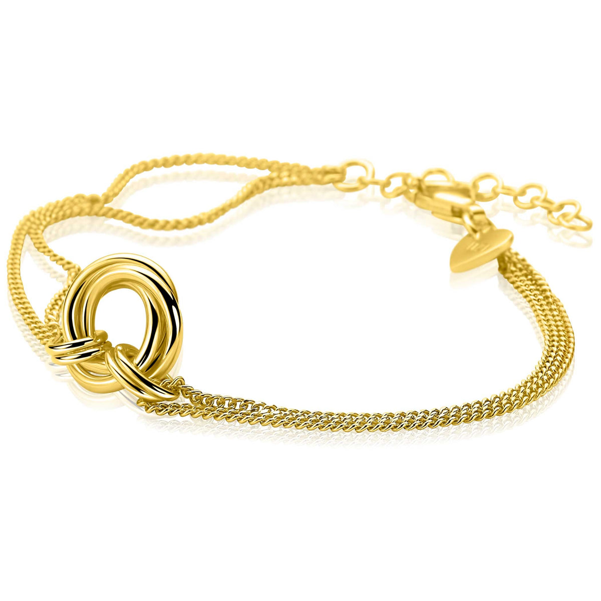 Goldplattiertes Zinzi-Armband mit zwei feinen Ketten und einem großen, geschlossenen Ring als Detail