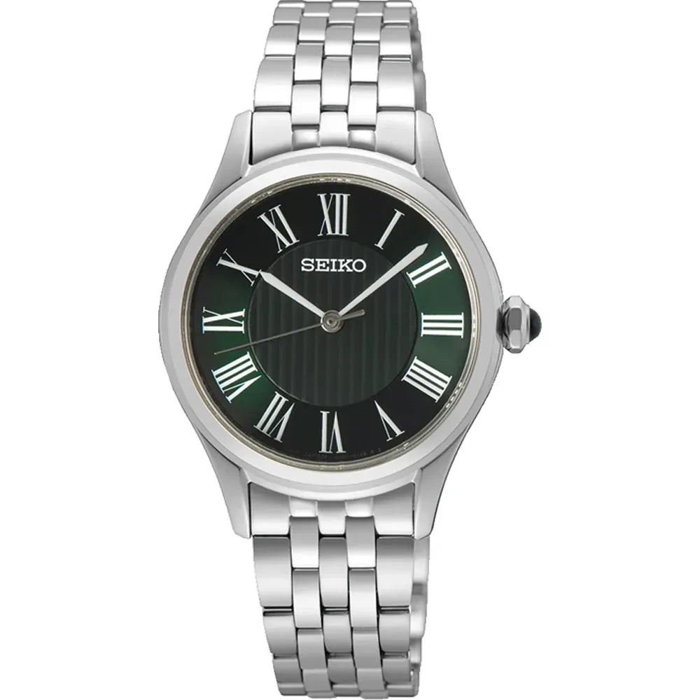 Damenarmbanduhr mit grünem Zifferblatt, silbernem Gehäuse und Edelstahl-Mesh-Armband