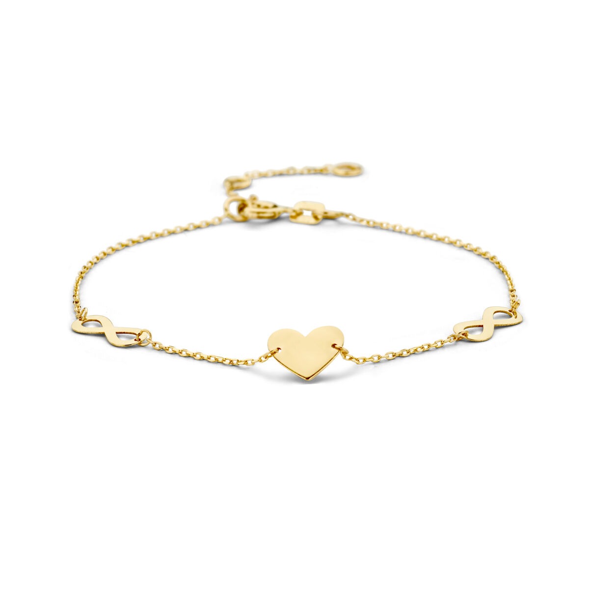Armband aus 9 Karat Gelbgold mit Herz und Unendlichkeitssymbol, feine Gliederkette