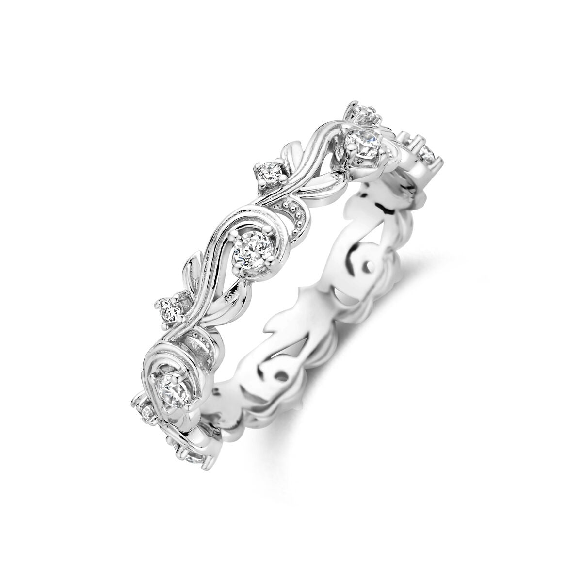 Ring aus rhodiniertem 925er Silber mit Zirkonia, geschwungene Form und funkelnden Details