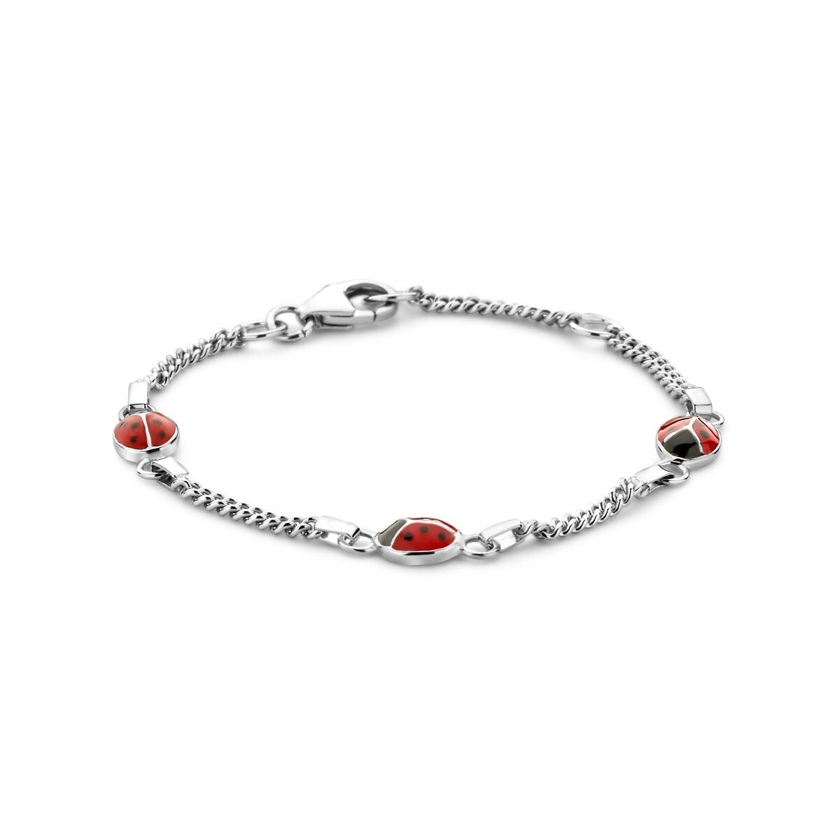 Silberne Baby-Armband mit roten Marienkäfern und emaillierten Details, rhodiniert