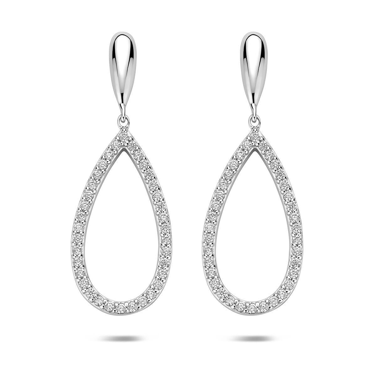 Silberne Ohrhänger aus rhodiniertem 925 Silber mit Zirkonia, 43 mm lang, tropfenförmiges Design