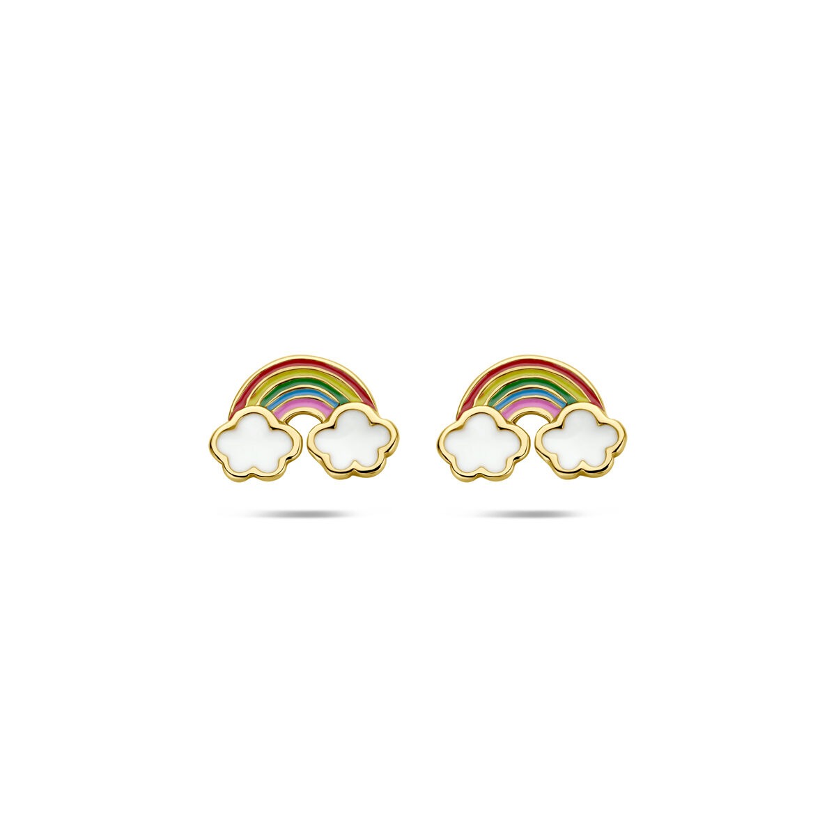 Vergoldete 925 Silber Kinder Ohrstecker mit buntem Regenbogen und weißen Wolken