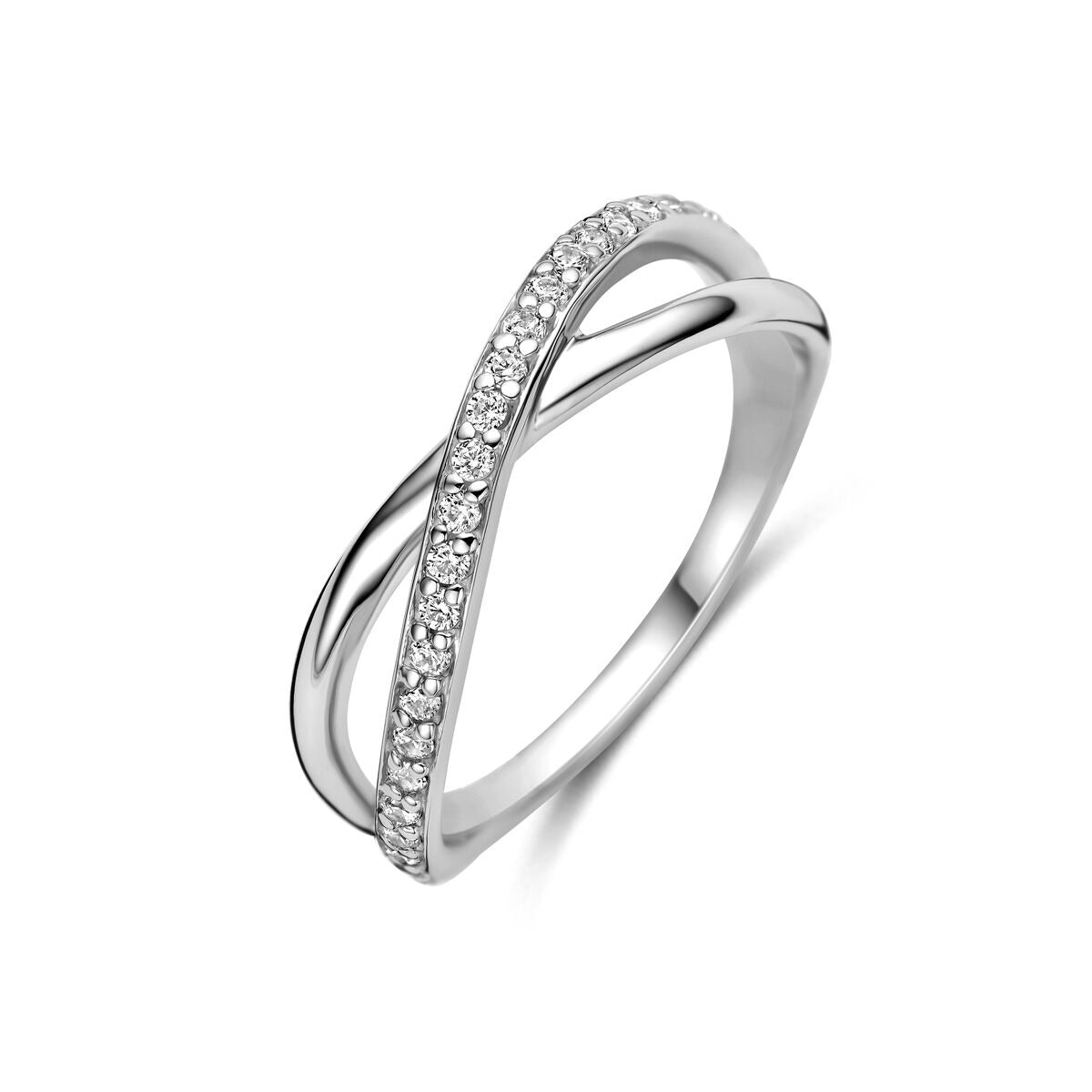 Ring aus rhodiniertem 925 Silber mit Zirkonia, geschwungene Form und funkelnden Steinen