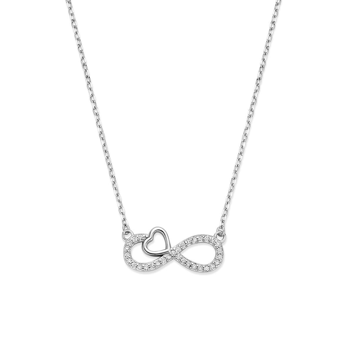 Halskette aus rhodiniertem Silber mit Infinity-Zeichen und Herz, besetzt mit Zirkonia-Steinen