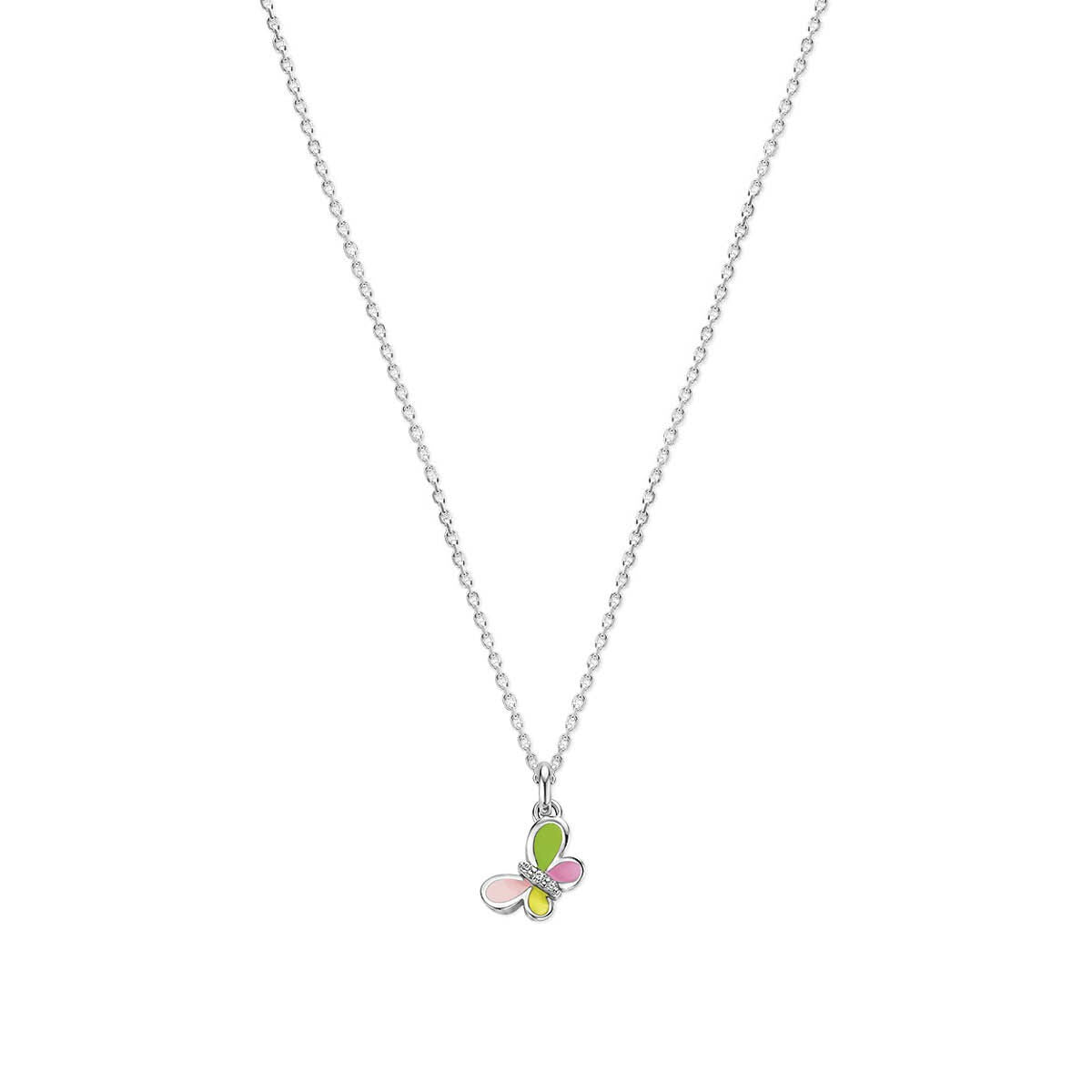 Kinderkette aus Silber mit buntem Emaille-Schmetterling und Zirkonia-Steinen