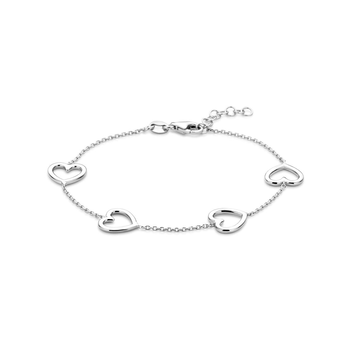 Armband aus rhodiniertem 925 Silber mit fünf herzförmigen Elementen, Länge 17 + 2 cm