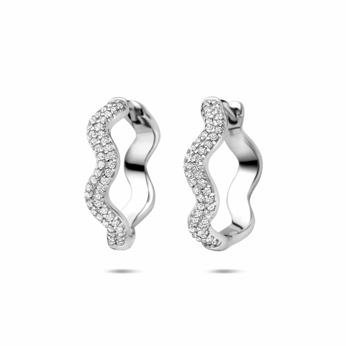 Silberne Creolen mit Zirkonia, 20 mm, gewellte Form und funkelnden Steinen
