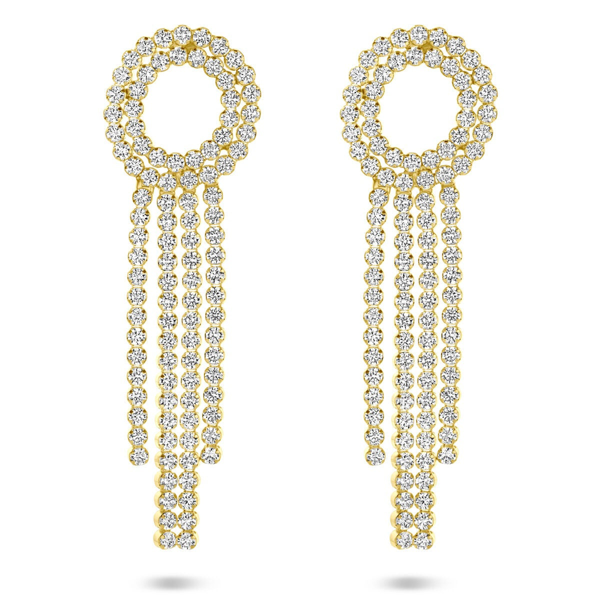 Vergoldete silberne Ohrhänger mit Zirkonia, 62 mm lang, kreisförmiges Design mit hängenden Strängen