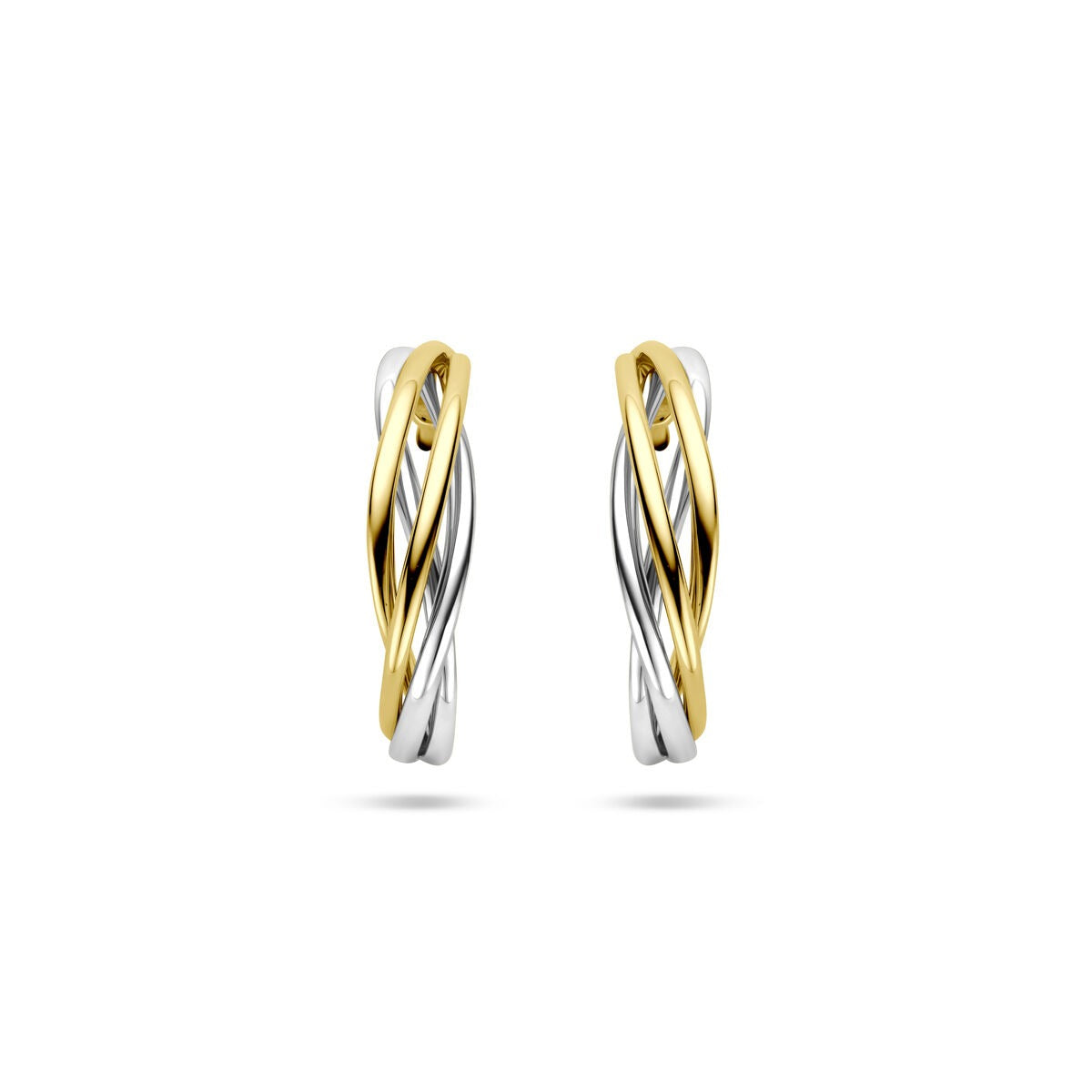Bicolor Ohrringe aus 14 Karat Gelbgold und Weißgold mit einer spiralförmigen Struktur und 17 mm Durchmesser