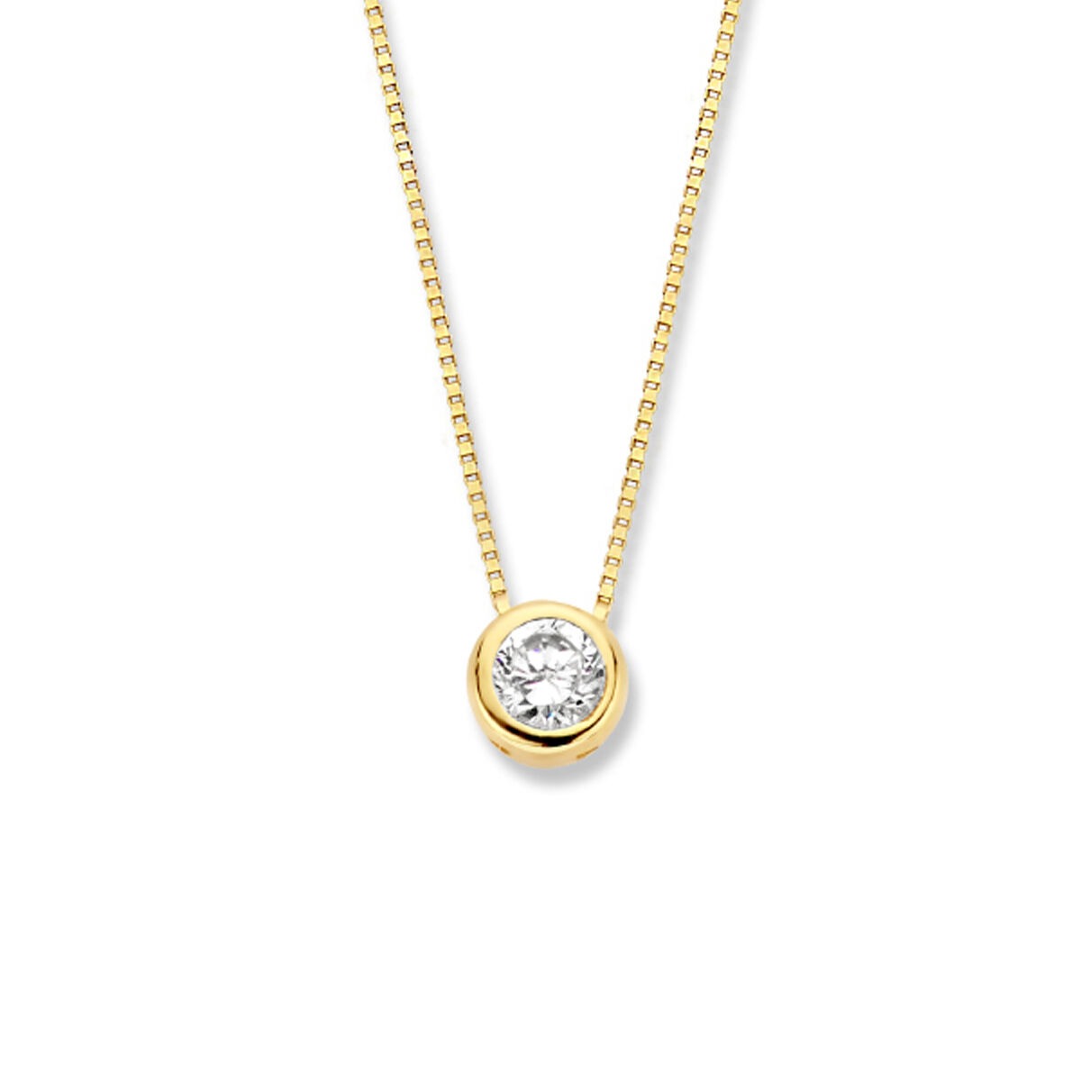 Goldene Kette mit Zirkonia, 14k venezianischer Gliederung, runder Anhänger mit klarem Stein