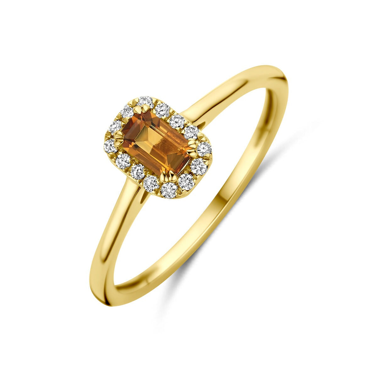 Verlobungsring aus 14k Gelbgold mit rechteckigem Citrin und umgebenden lab-grown Diamanten