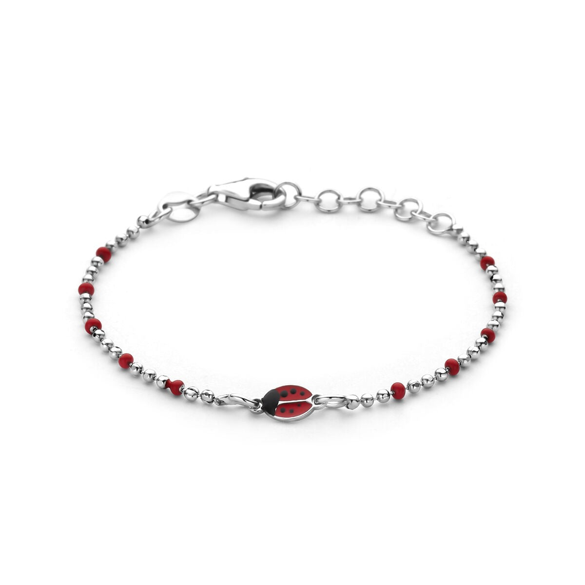 Armband aus rhodiniertem 925 Silber mit roten und schwarzen Marienkäfer-Details, 13 + 3 cm lang