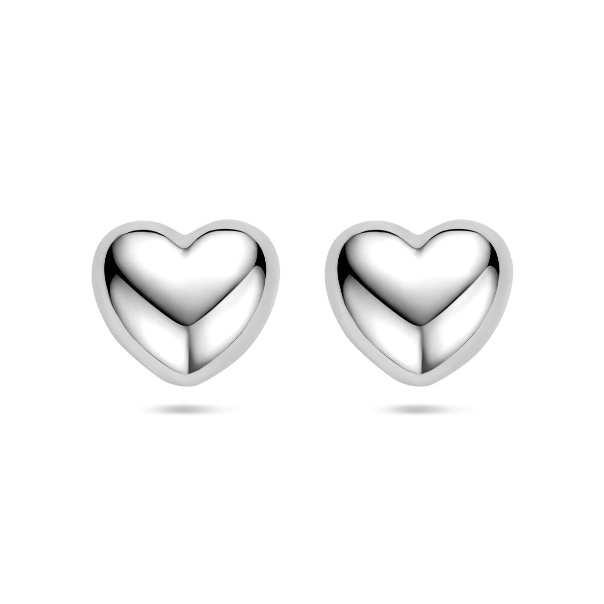 Zwei rhodinierte Ohrstecker in Herzform mit glänzender Oberfläche, Durchmesser 13 mm