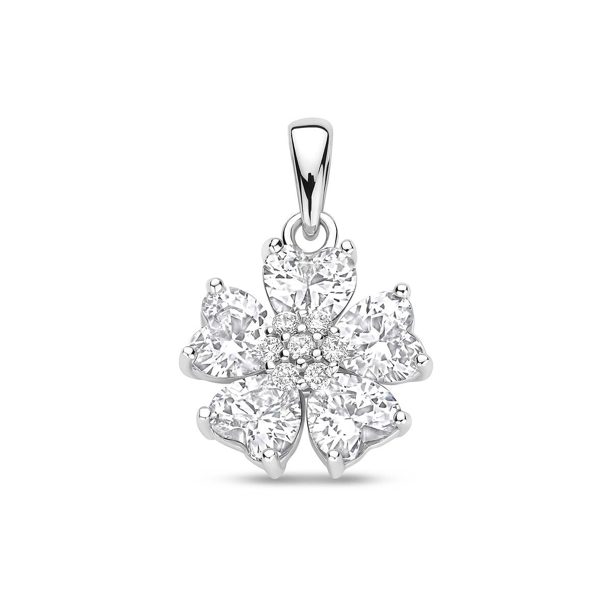 Hänger aus rhodiniertem Silber in Blumenform mit herzförmigen Zirkonia-Steinen
