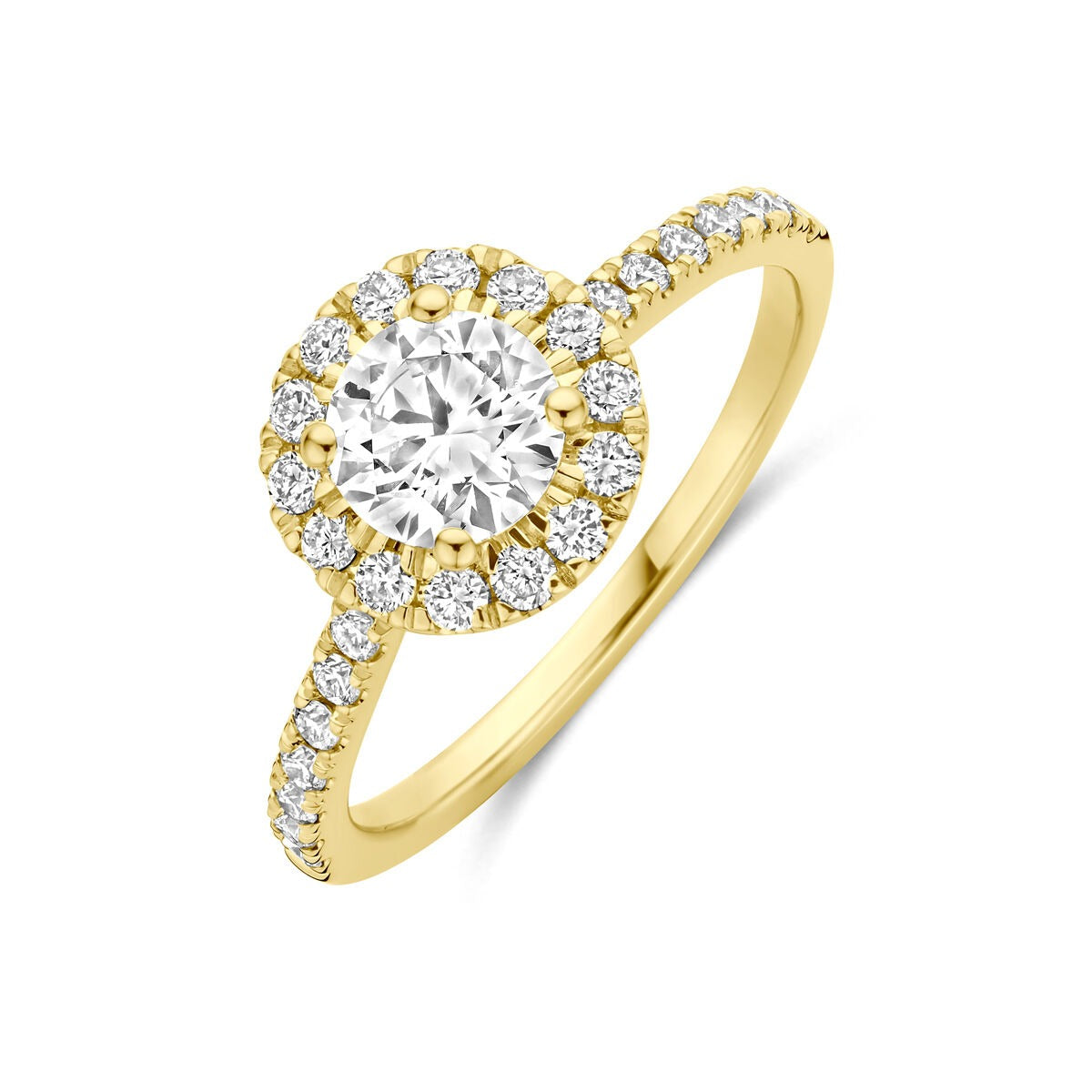 Ring aus 14k Gelbgold mit lab-grown Diamant von 1,10 ct und kleinen, funkelnden Zirkonia
