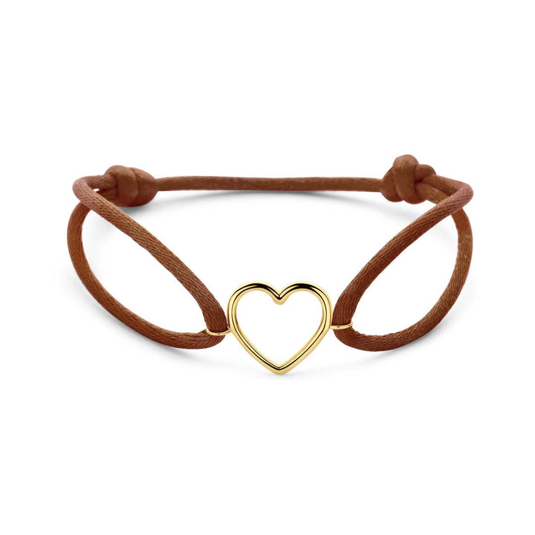 Bruine satijnen dames armband met 14k geelgouden hartje – Elegant gebaar van liefde in warme tinten
