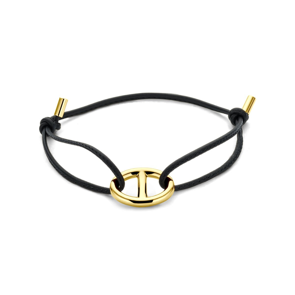 Lederarmband für Damen mit 18k gelbvergoldetem Marine-Schäkel und schwarzem Leder