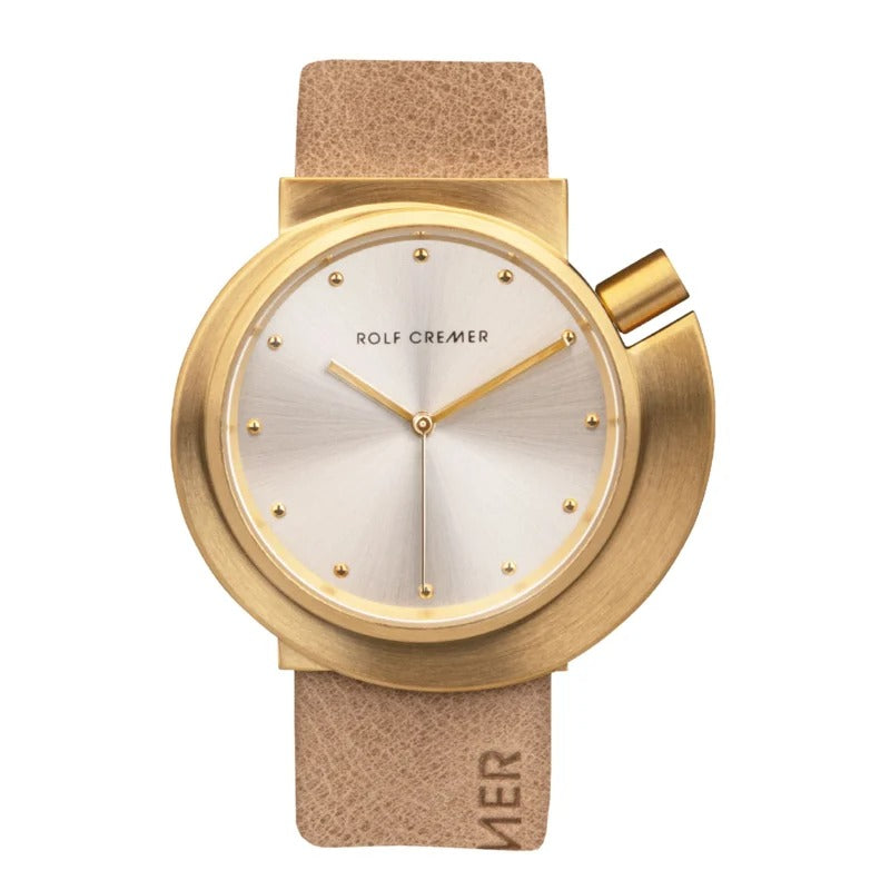 Uhr mit goldenem Gehäuse, silbernem Zifferblatt und beigem Lederarmband