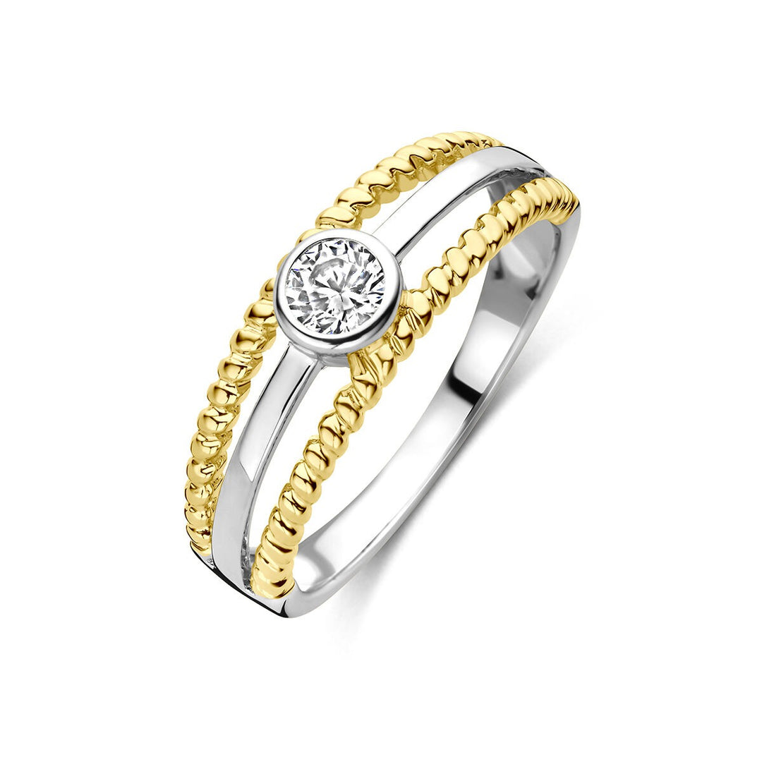 Geelverguld en gerhodineerd 925 zilveren ring met zirkonia