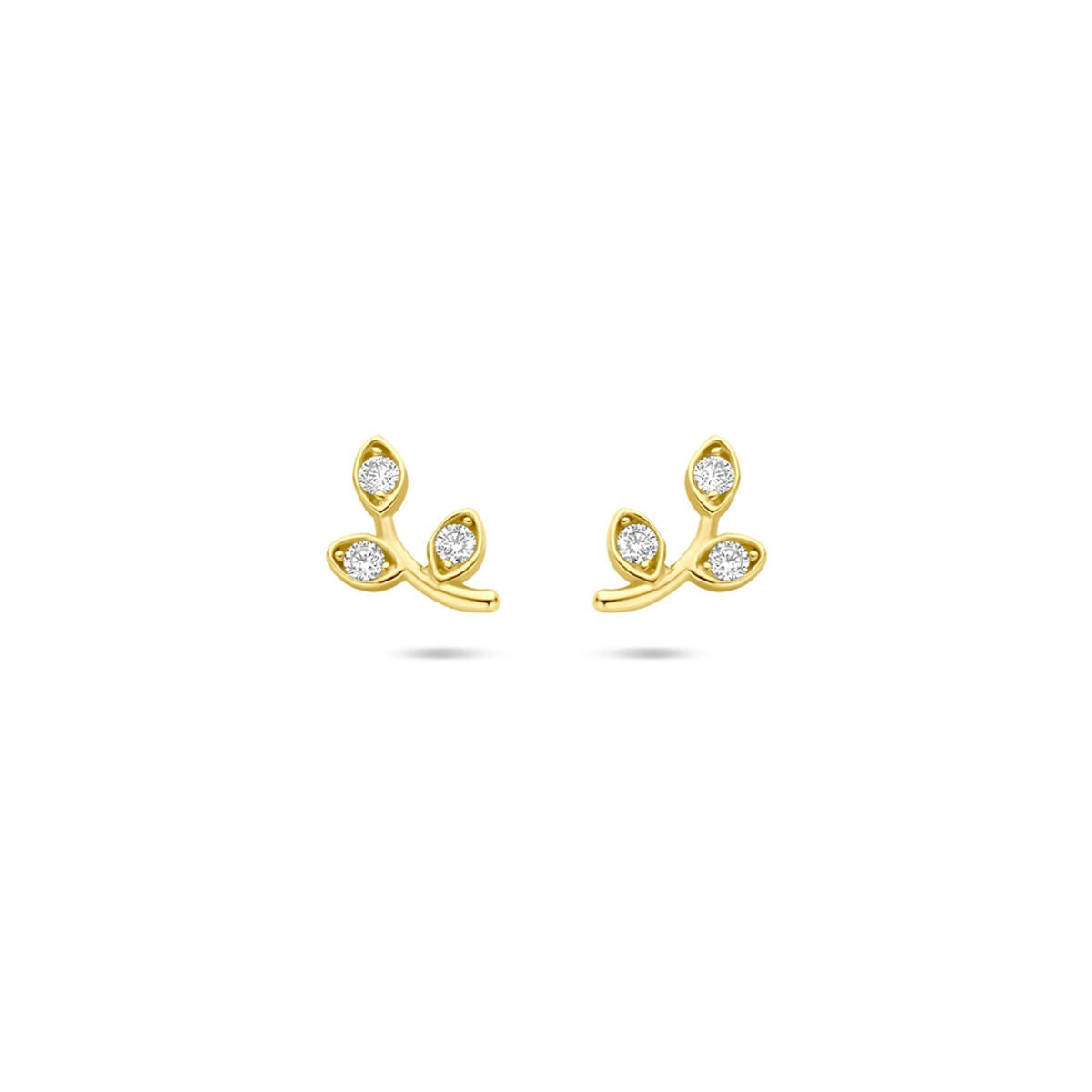14k goldene Ohrstecker mit Zirkonia in Pflanzenform und drei funkelnden Steinen