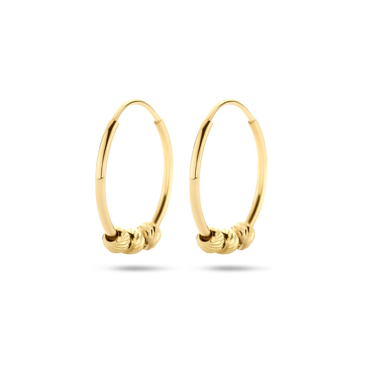 Goldene Ohrringe mit Kugeln – 14k, 11 mm, aus vergoldetem Material, runde Form mit drei kleinen Kugeln.