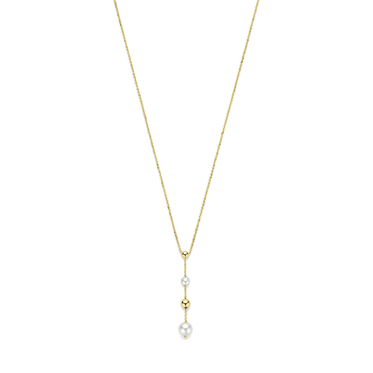 Y-Collier aus 14k Gelbgold mit einer Perle und goldenen Kugeln