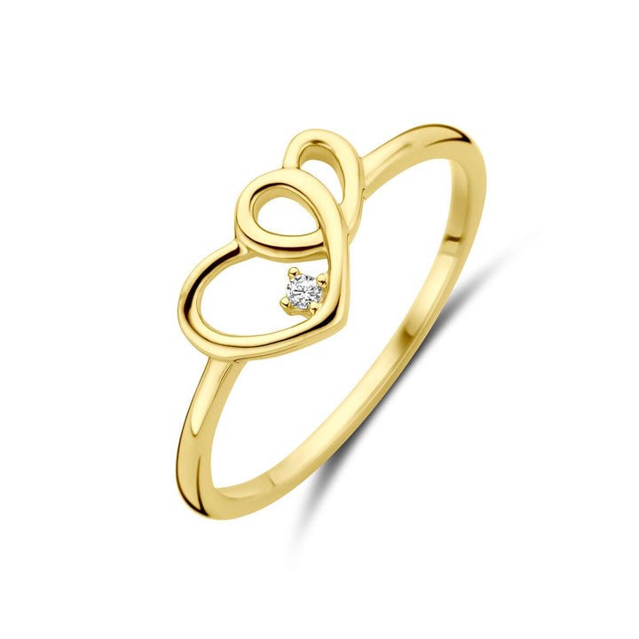 9k Geelgouden ring met hartjes en zirkonia