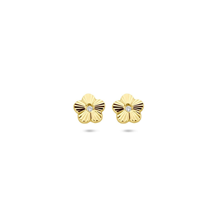 14k Geelgouden oorknoppen met bloem en zirkonia – 6,5 x 6 mm